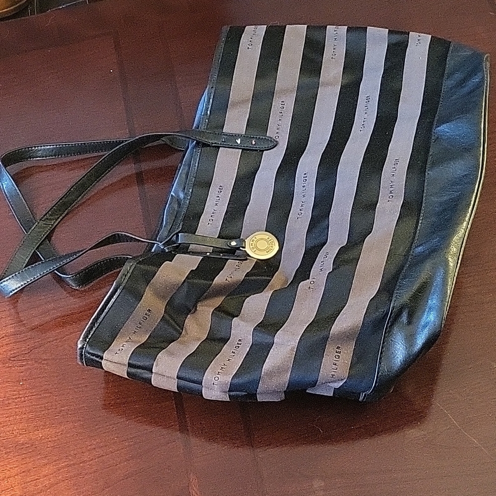 Tommy Hilfiger Black and Gray Striped Tote